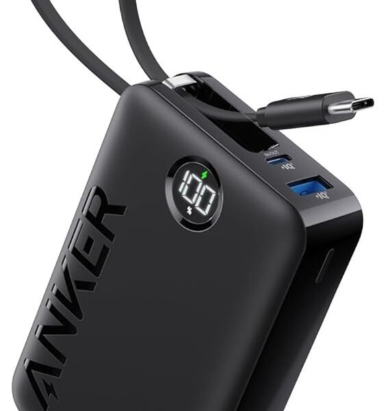 بطارية انكر 20 الف / مدخل تايب سي + مدخل USB / قوة 22.5 واط / واير تايب سي مدمج / اسود